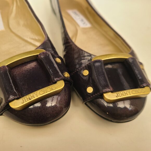 Jimmy Choo Dark Purple Patent Leather Ballet Flats EU 37.5 Gold Tone Buckle - Picture 6 of 16
